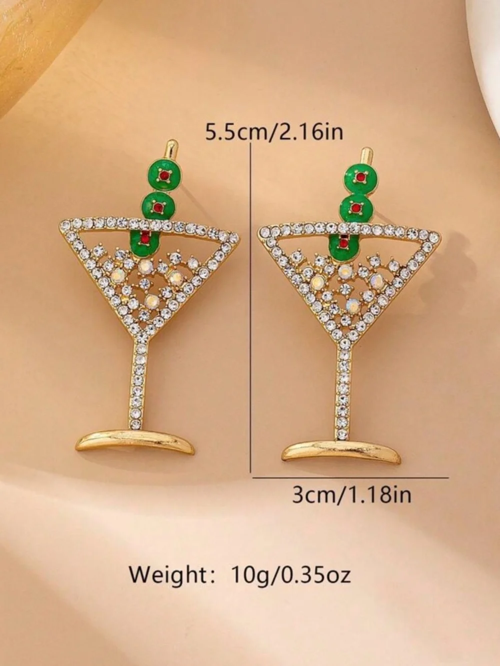 Gold Crystal Martini Drop Earrings with Green Accents - Picture 5 of 5